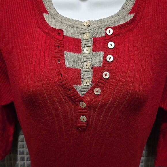 Y2K Layered Sweater Dress Tunic Top SzLg STRETCH Soft Henley Red Preppy 90s VTG - Picture 7 of 16